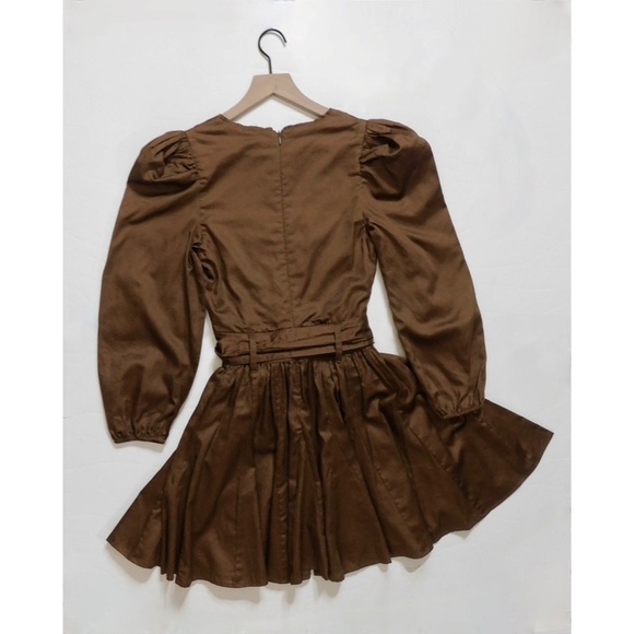 NWT!! LAROQUE Emma Dress Solid Brown Tie Waist Puff Sleeves Pleated X-Small - Picture 7 of 13